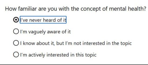 A screenshot of a survey question asking "How familiar are you with the concept of mental health?" The option "I've never heard of it" is selected.