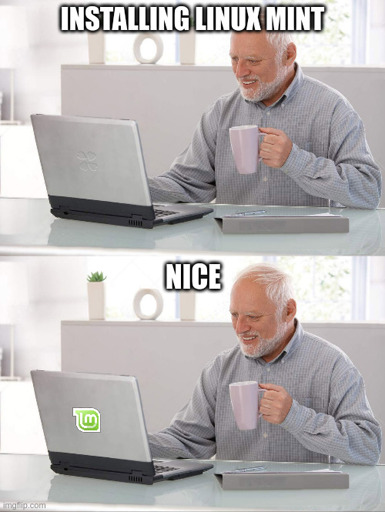 "Hide the Pain Harold at Laptop meme". In the first panel he sits in front of a laptop with a mug in his hand looking at a laptop ("Installing Linux Mint"). In the second panel he still does so, but now the laptop is labeled with Linux Mint ("Nice"). It's an anti-meme, as the second panel usually got a punchline about something being wrong or awful.