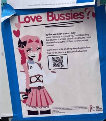 A flyer that is directed at raising awareness for public transit spending cuts at UC San Diego. Notably it uses the heading "Love Bussies" and has a femboy holding a QR code.