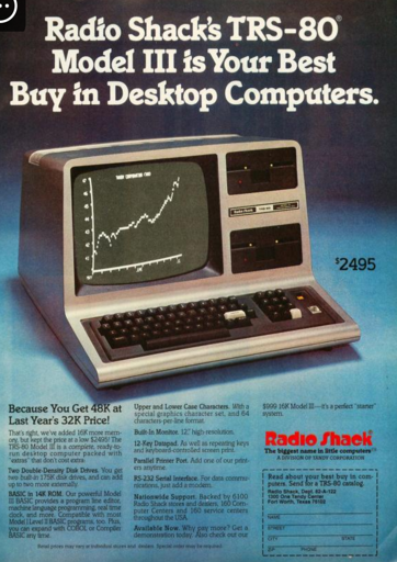 An advertisement showing a computer from 1980 with a black and white screen and a keyboard built into the case.