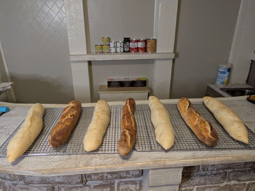 Baguettes on a counter.