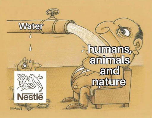 Comic-style drawing of a sepia tone desert with a water pipe piping a rush of water into the mouth of a robust man in a business suit. A scrawny and visibly malnourished man sits on the ground in front of the other man with his face upturned and mouth open to catch drips of water. 

A memer has labeled the scrawny man “Nestle” and the robust man “Humans, Animals, and Nature.”