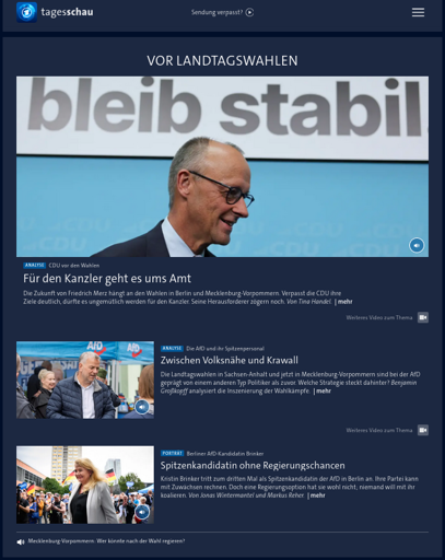Screenshot von Tagesschau.de zu kommenden Landtagswahlen. Ein Bericht über Merz, zwei über Kandiaten der rechtsradikalen Partei AfD, keine andere Partei wird erwähnt.