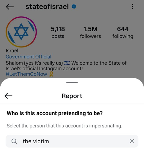 Instagram account of the state of Israel being reported for pretending to be the victim