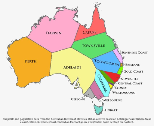 Voronoi diagram showing a map of Australia with regions coloured in showing which city every point is closest to: Darwin, Carns, Townsville, Perth, Adelaide, Toowoomba, Sunshine Coast, Brisbane, Gold Coast, Newcastle, Central Coast, Sydney, Wollongong, Canberra, Melbourne, Geelong, or Hobart