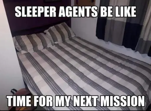 Picture of a bed captioned "Sleeper agents be like time for my next mission"