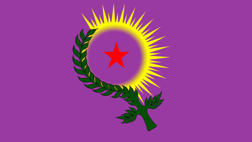 A flag with fuchshia-purple background and a female gender symbol, formed by a shining yellow sun and a green wreath (which in turn forms a sickle), with in the center a red star