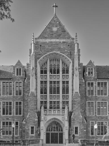 Entrance of an aggressively gothic academic building