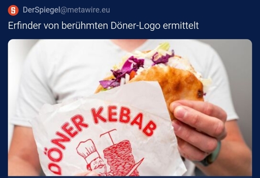 Bildschirmfoto eines Pfostens, der zu einem Spiegel-Artikel führt. Überschrift: "Erfinder von berühmtem Döner-Logo ermittelt". Darunter ein Bild einer Person, die einen Döner hält.