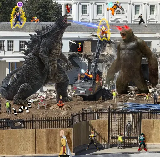 The image of the White House getting demolished that I have added many things to. Godzilla and King Kong are fighting and Goku is in the middle of the two. Vegita is getting ready to sneak attack godzilla while Krillin drop kicks its face. Naruto does his kage bunshin no jutsu from the window while Deku and Kamen power up outside the gate. Just inside the gate is Goblin Slayer. Another Kamen is fighting a sand worm and Saitama is walking by with his groceries. 