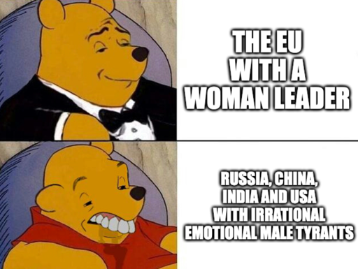 1.The eu with a woman leader fancy Winnie 2. Russia, China, India and USA with irrational emotional male tyrants messy Winnie