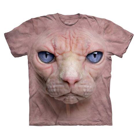 A tshirt with a large image of a hairless cats face on it.