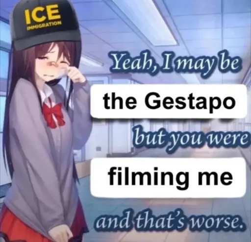 Image macro of a crying anime girl wearing an ICE hat. It is labeled with text saying “Yeah I may be the Gestapo but you were filming me and that’s worse”