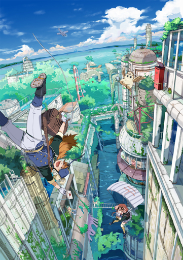 High above a Venice-style canal, a mail carrier is swinging around like Spider-Man delivering letters. Below them, there's someone gliding with a parachute with the 〒 postal service mark on it. That might be another letter carrier.