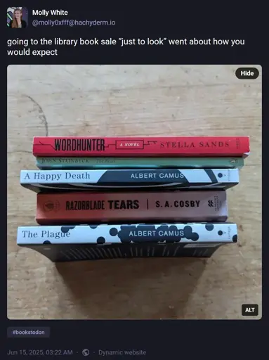 Molly White ( @molly0xfff@hachyderm.io ): "going to the library book sale 'just to look' went about how you would expect". Attached image: a stack of five books.