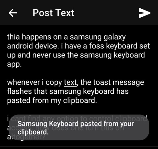 screenshot of lemmy post with toast message ststinf that samsung keyboard has pasted from the clipboard.