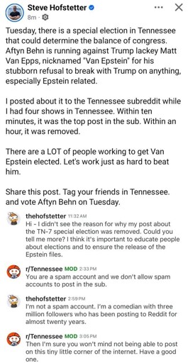 A screenshot of a poster on Reddit /r/Tennessee trying to post about the election, and a mod removing the post while not really pretending there's a good reason to remove it