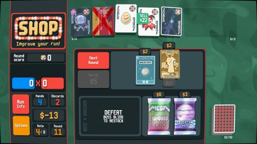 A screenshot of Balatro, in a shop with the Temperance tarot card for sale. I have $-13, a debuffed Credit Card, and an Egg with sell value of $22.