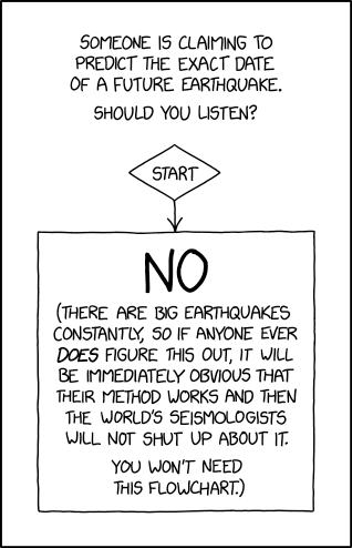 At least people who make religious predictions of the apocalypse have an answer to the question 'Why didn't you predict any of the other ones that happened recently?'
